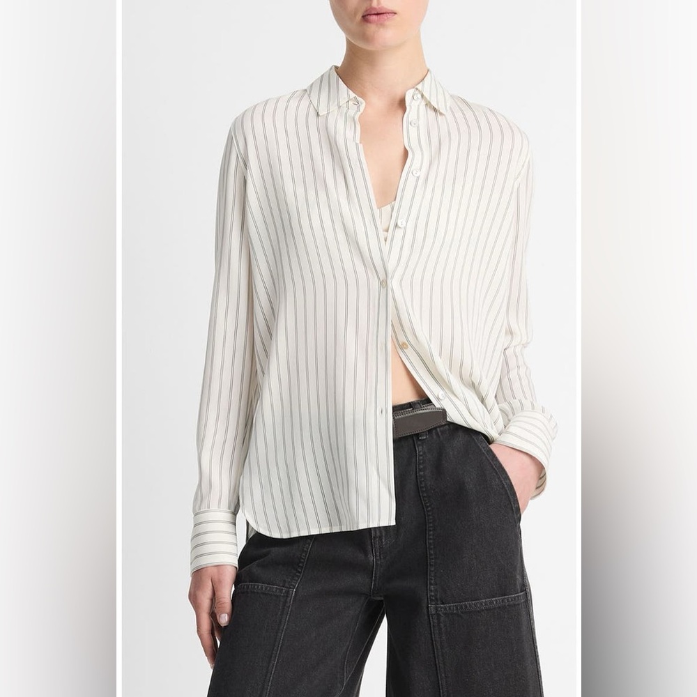 NWT $395 Vince Striped Stretch-Silk Slim-Fit Blouse In Stripe